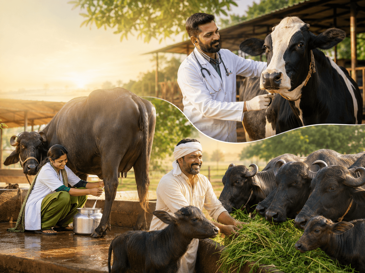 Buffalo giving milk, veterinary doctor treating cattle, smiling farmer with dairy animals — Phoenix Life Science